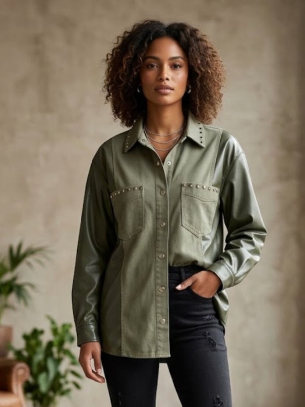 NWT ZARA Contrast Faux Leather Studded Jacket Shacket Green